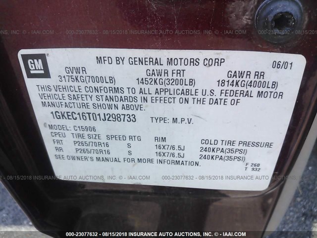 1GKEC16T01J298733 - 2001 GMC YUKON XL C1500 MAROON photo 9