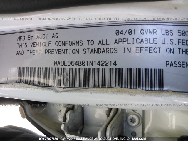 WAUED64B01N142214 - 2001 AUDI A6 2.7T QUATTRO WHITE photo 9