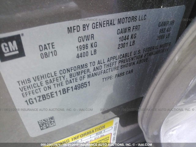 1G1ZB5E11BF149851 - 2011 CHEVROLET MALIBU LS Qəhvəyi foto 9