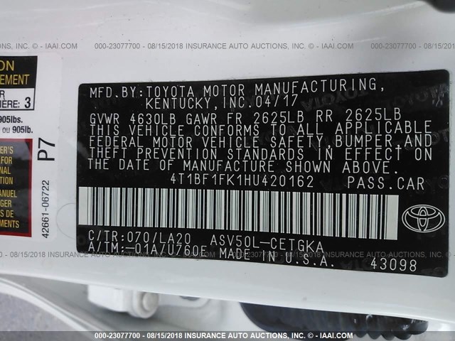 4T1BF1FK1HU420162 - 2017 TOYOTA CAMRY LE/XLE/SE/XSE 白色 照片 9