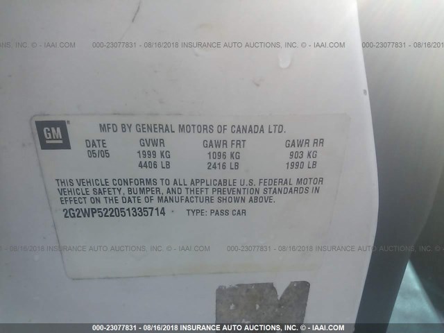 2G2WP522051335714 - 2005 PONTIAC GRAND PRIX Білий фото 9