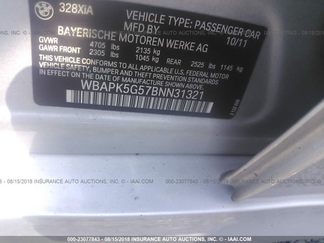 WBAPK5G57BNN31321 - 2011 BMW 328 XI SULEV SILVER photo 9