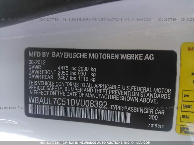 WBAUL7C51DVU08392 - 2013 BMW 128 I WHITE photo 9