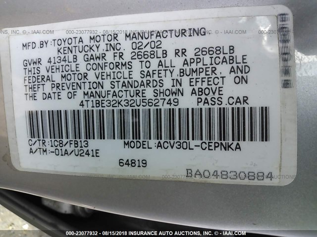 4T1BE32K32U562749 - 2002 TOYOTA CAMRY LE/XLE/SE 银色 照片 9