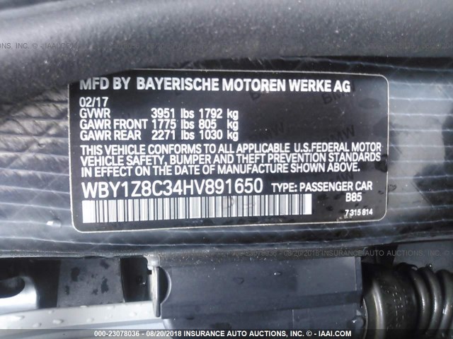 WBY1Z8C34HV891650 - 2017 BMW I3 REX WHITE photo 9