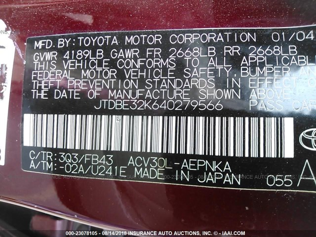 JTDBE32K640279566 - 2004 TOYOTA CAMRY LE/XLE RED photo 9