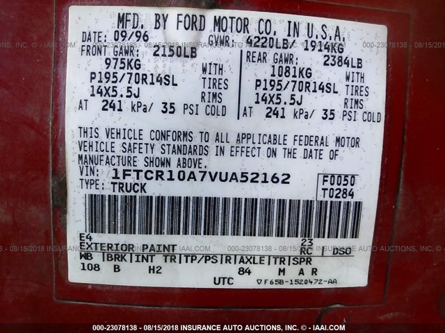1FTCR10A7VUA52162 - 1997 FORD RANGER RED photo 9