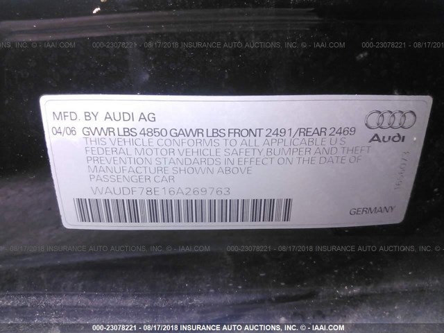 WAUDF78E16A269763 - 2006 AUDI A4 2.0T QUATTRO BLACK photo 9