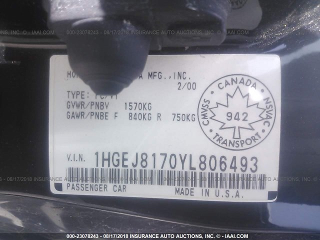 1HGEJ8170YL806493 - 2000 HONDA CIVIC SI BLACK photo 9