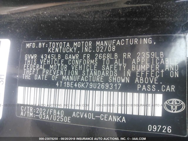 4T1BE46K79U269317 - 2009 TOYOTA CAMRY SE/LE/XLE შავი ფოტო 9