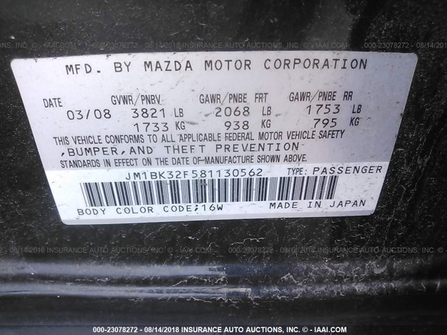 JM1BK32F581130562 - 2008 MAZDA 3 I BLACK photo 9