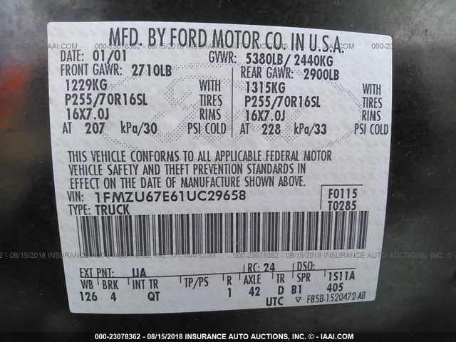 1FMZU67E61UC29658 - 2001 FORD EXPLORER SPORT TR  BLACK photo 9