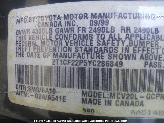 2T1CF22P5YC286849 - 2000 TOYOTA CAMRY SOLARA SE/SLE Mavi foto 9