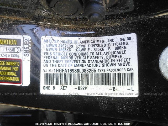1HGFA16938L088265 - 2008 HONDA CIVIC EXL 黑色 照片 9