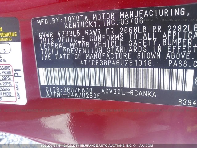 4T1CE38P46U751018 - 2006 TOYOTA CAMRY SOLARA SE/SLE წითელი ფოტო 9