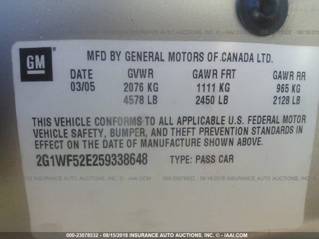 2G1WF52E259338648 - 2005 CHEVROLET IMPALA GOLD photo 9