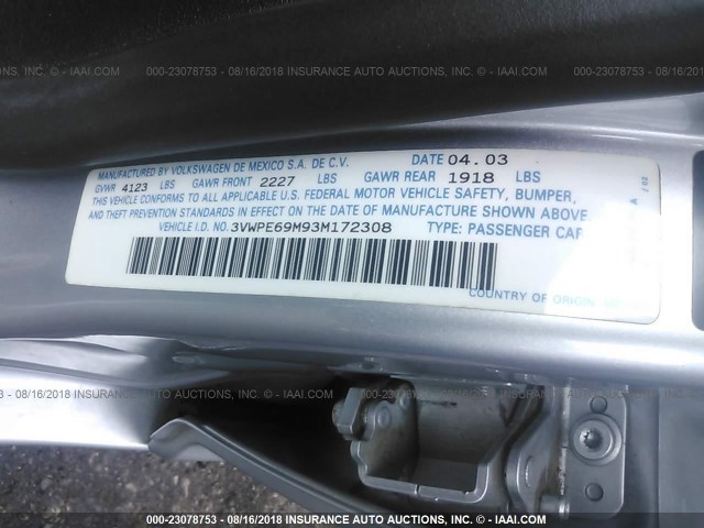 3VWPE69M93M172308 - 2003 VOLKSWAGEN JETTA WOLFSBURG SILVER photo 9