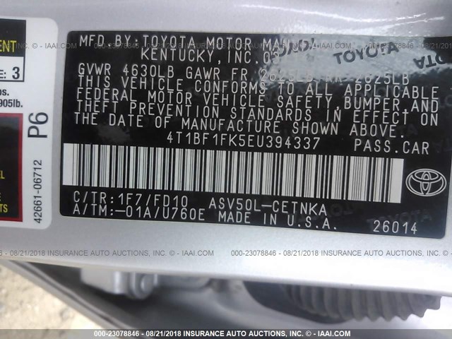4T1BF1FK5EU394337 - 2014 TOYOTA CAMRY L/SE/LE/XLE 银色 照片 9
