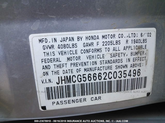 JHMCG56662C035496 - 2002 HONDA ACCORD EX SILVER photo 9