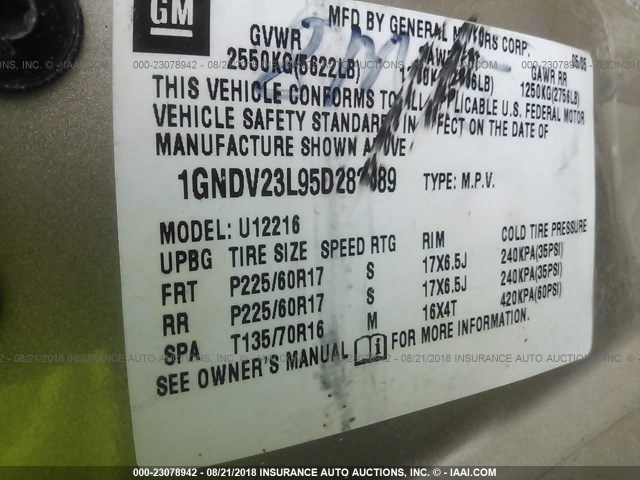 1GNDV23L95D282389 - 2005 CHEVROLET UPLANDER LS GOLD photo 9