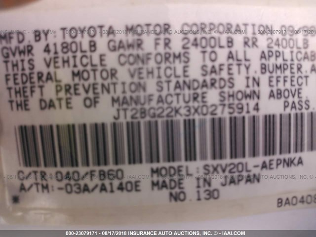 JT2BG22K3X0275914 - 1999 TOYOTA CAMRY LE/XLE 白色 照片 9