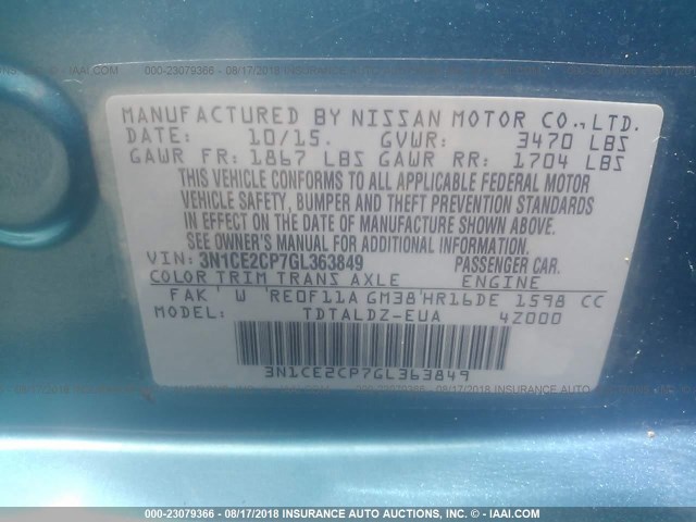 3N1CE2CP7GL363849 - 2016 NISSAN VERSA NOTE S/S PLUS/SV/SL/SR TEAL photo 9