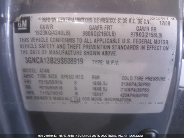 3GNCA13B29S608919 - 2009 CHEVROLET HHR LS Gris foto 9