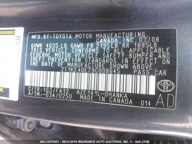 2T1KE40E79C008645 - 2009 TOYOTA MATRIX S 黑色 照片 9