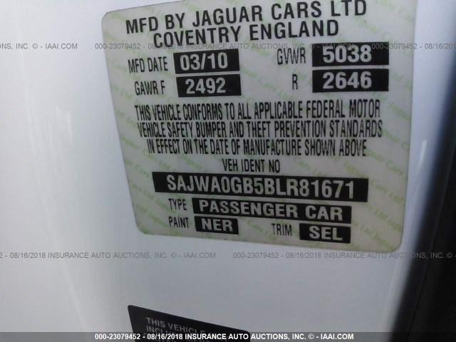 SAJWA0GB5BLR81671 - 2011 JAGUAR XF PREMIUM WHITE photo 9