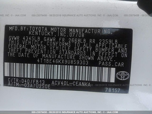 4T1BE46KX9U859303 - 2009 TOYOTA CAMRY SE/LE/XLE თეთრი ფოტო 9