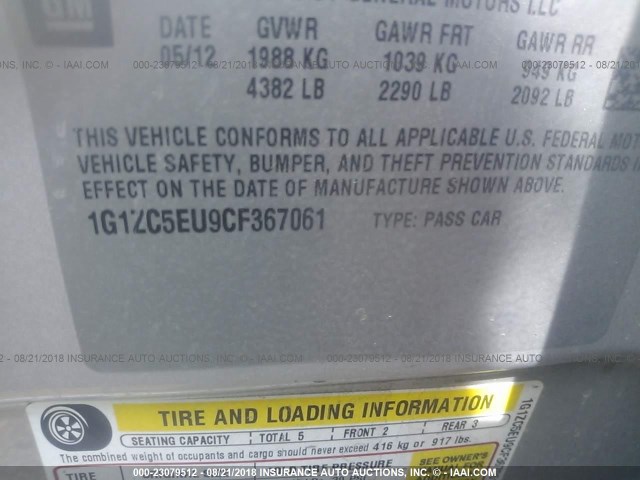 1G1ZC5EU9CF367061 - 2012 CHEVROLET MALIBU 1LT SILVER photo 9