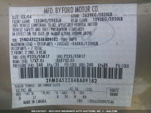 2FMDA522X4BA89182 - 2004 FORD FREESTAR SEL BROWN photo 9