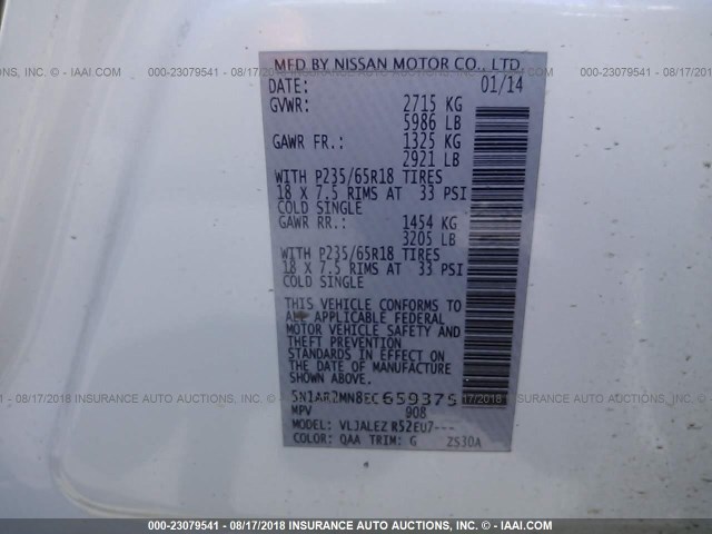 5N1AR2MN8EC659375 - 2014 NISSAN PATHFINDER S/SV/SL/PLATINUM WHITE photo 9