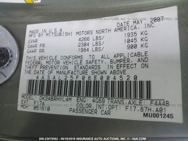 4A3AL25F08E004520 - 2008 MITSUBISHI ECLIPSE SPYDER GS 蓝色 照片 9