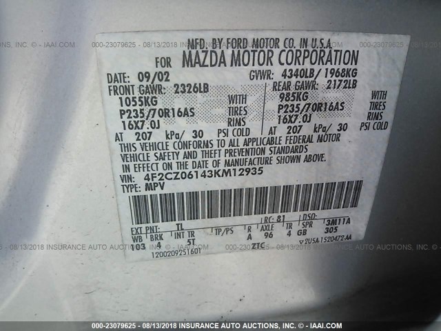 4F2CZ06143KM12935 - 2003 MAZDA TRIBUTE ES 银色 照片 9