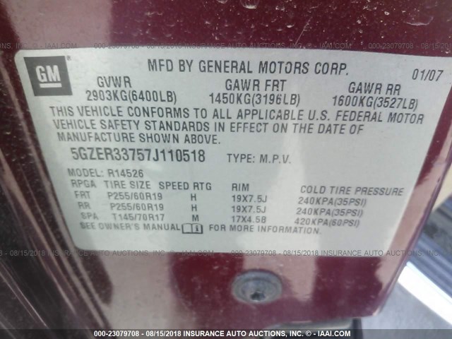 5GZER33757J110518 - 2007 SATURN OUTLOOK SPECIAL მუქწითელი ფოტო 9
