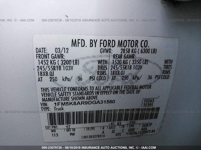 1FM5K8AR9DGA31560 - 2013 FORD EXPLORER POLICE INTERCEPTOR WHITE photo 9