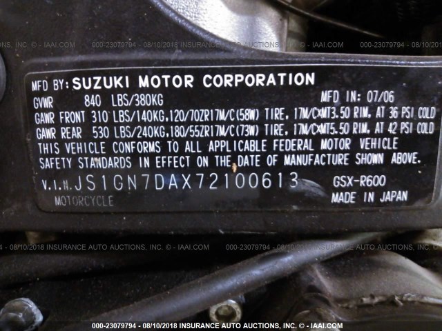 JS1GN7DAX72100613 - 2007 SUZUKI GSX-R600 RED photo 9