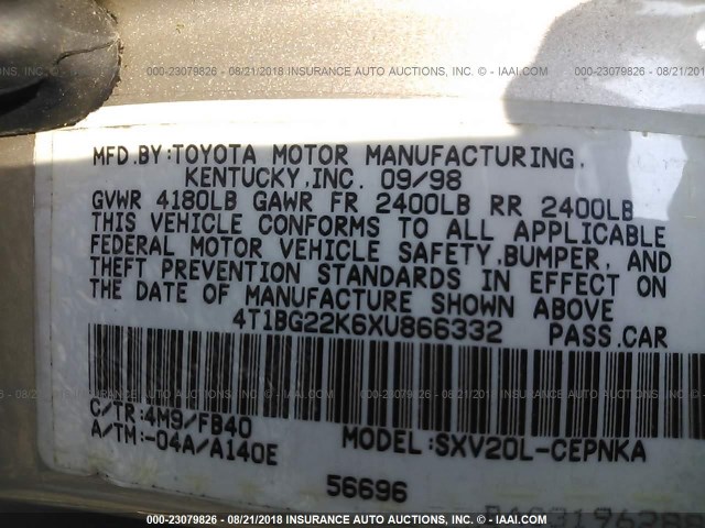 4T1BG22K6XU866332 - 1999 TOYOTA CAMRY CE/LE/XLE 金色 照片 9