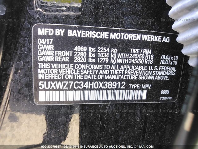 5UXWZ7C34H0X38912 - 2017 BMW X3 SDRIVE28I BLACK photo 9