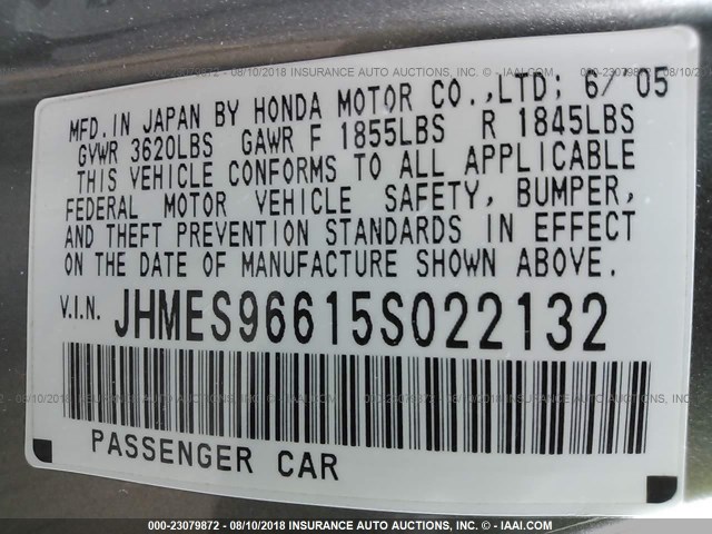 JHMES96615S022132 - 2005 HONDA CIVIC HYBRID GRAY photo 9