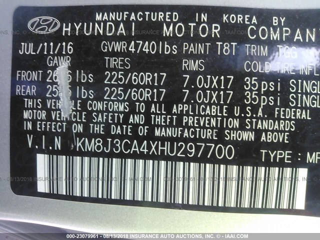 KM8J3CA4XHU297700 - 2017 HYUNDAI TUCSON LIMITED/SPORT AND ECO/SE SILVER photo 9
