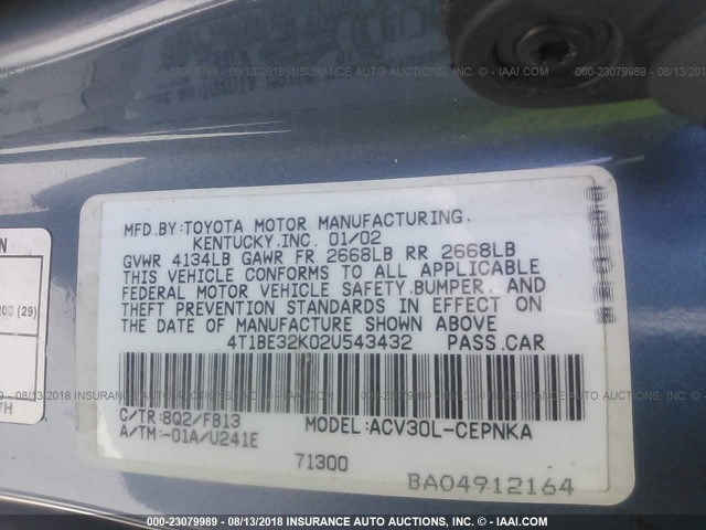 4T1BE32K02U543432 - 2002 TOYOTA CAMRY LE/XLE/SE Mavi foto 9