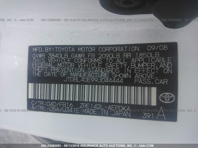 JTDBL40E99J044444 - 2009 TOYOTA COROLLA LE/XLE WHITE photo 9