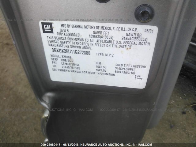 3GKGK26U11G272380 - 2001 GMC YUKON XL K2500 GRAY photo 9