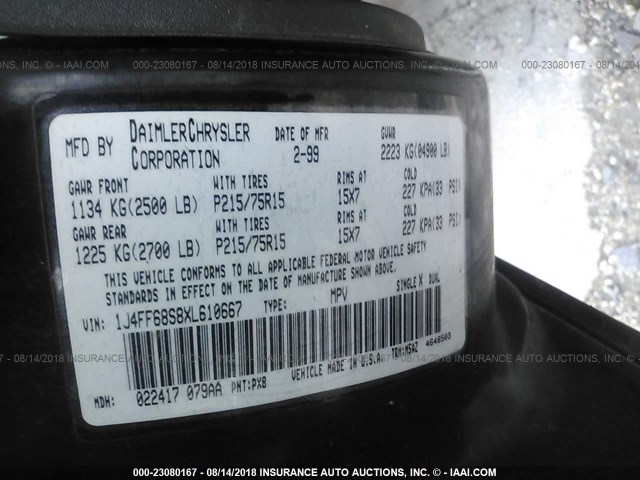 1J4FF68S8XL610667 - 1999 JEEP CHEROKEE SPORT/CLASSIC შავი ფოტო 9