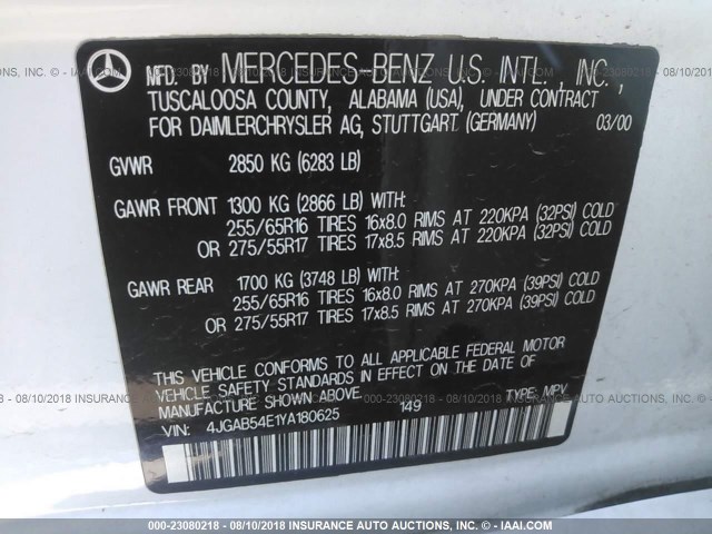 4JGAB54E1YA180625 - 2000 MERCEDES-BENZ ML 320 WHITE photo 9