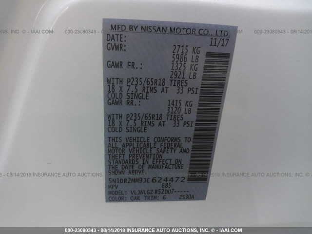 5N1DR2MM9JC624472 - 2018 NISSAN PATHFINDER S/SV/SL/PLATINUM WHITE photo 9