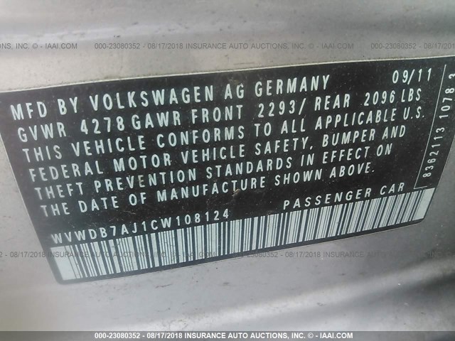 WVWDB7AJ1CW108124 - 2012 VOLKSWAGEN GOLF SILVER photo 9