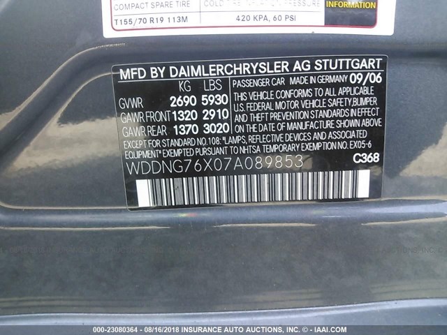 WDDNG76X07A089853 - 2007 MERCEDES-BENZ S 600 GRAY photo 9